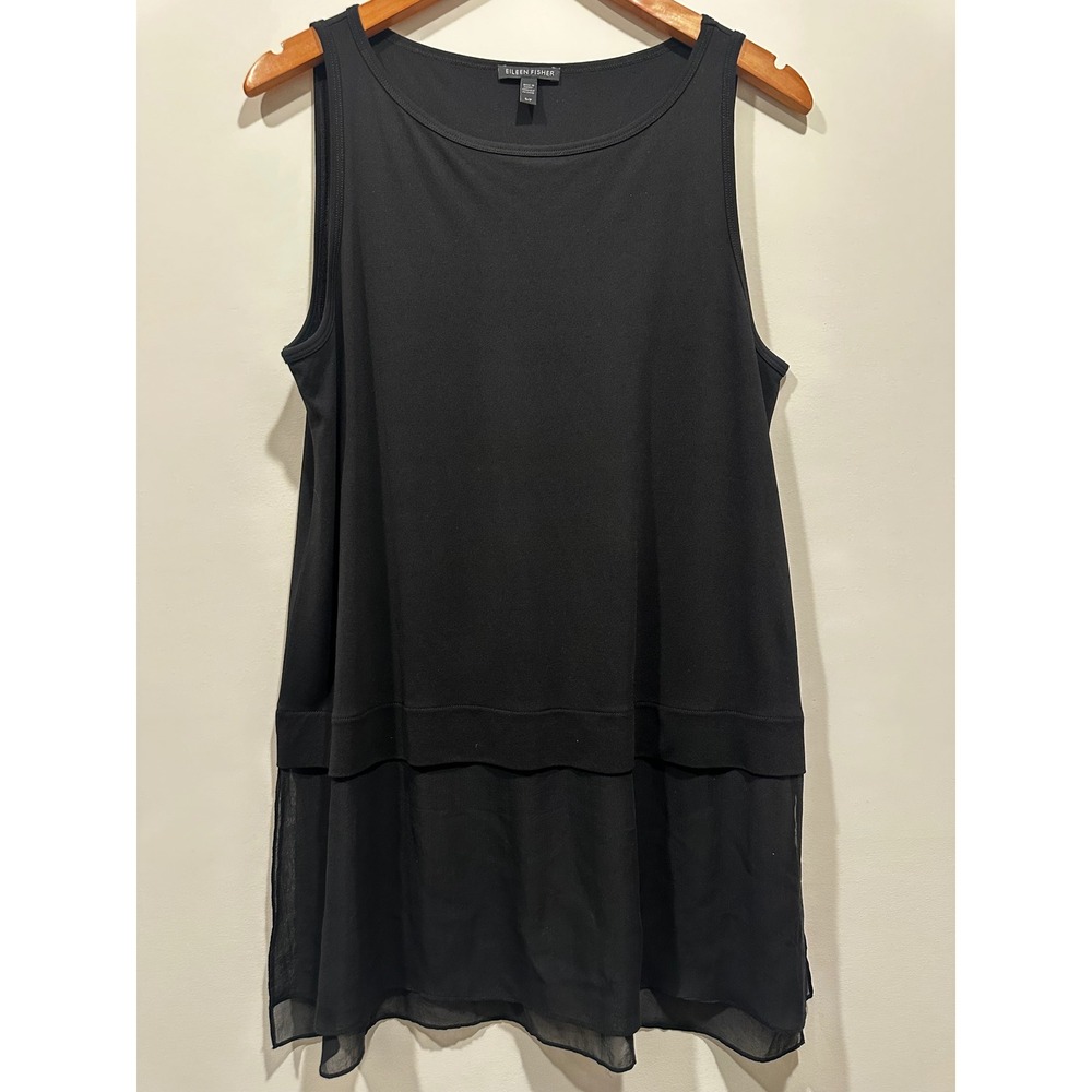 Eileen Fisher Black 100% Silk Layered Sheer Hem Tank Top S/P‎ Sleeveless Tunic